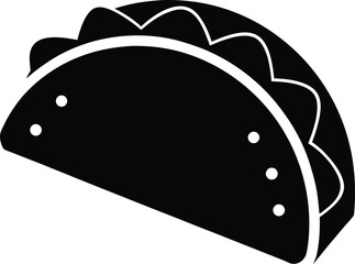 Simple black and white graphic illustration of a classic taco with a textured shell and white outline