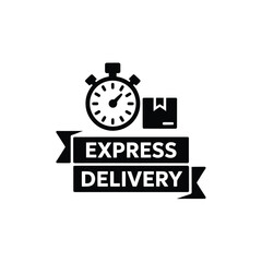 Express delivery icon with stopwatch and package symbol on ribbon