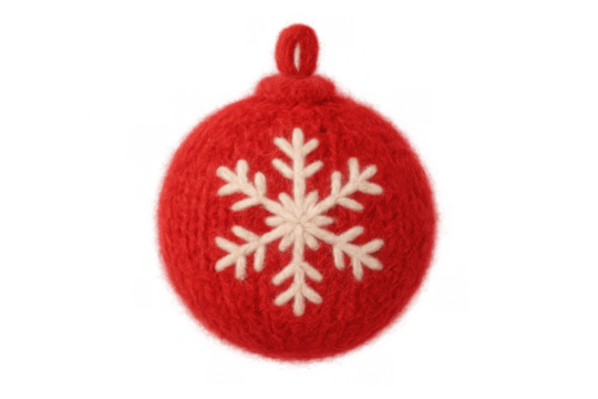Red knitted christmas ornament featuring a white snowflake design, perfect holiday season decoration, transparent background