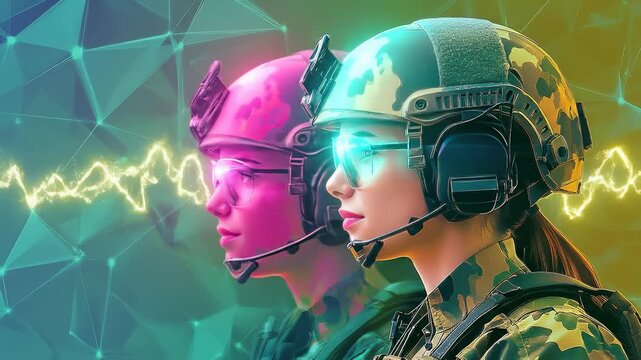 Two Female Soldiers Wearing Camouflage Uniforms in Futuristic Environment