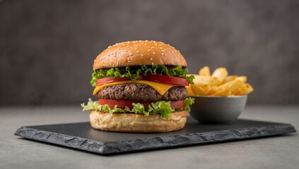 Classic Beef Burger with Fries, juicy grilled beef patty with lettuce, cheese, and sauce in a toasted bun, served with crispy golden fries, hearty fast-food visuals 