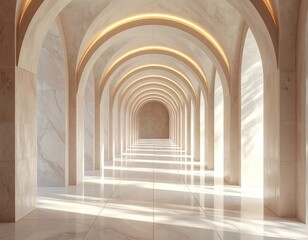 Obraz premium Modern White Arched Hallway with Golden Lighting and Reflected Sunlight Sleek Architecture Interior Design in an Empty Light Stone Corridor with Smooth Tile Floor