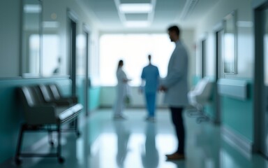 abstract blurred image of doctor and patient people in hospital interior or clinic corridor for background, laboratory, science experiment, health care and medical technology concept, Generative AI