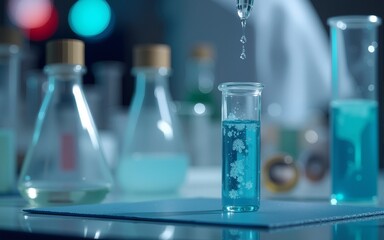 Concept of chemical, scientific experiment, monkeypox virus. Closeup, copy space on right. Chemistry experiments in science labs. Drop chemical matter into test tube place on desk. Blurred background