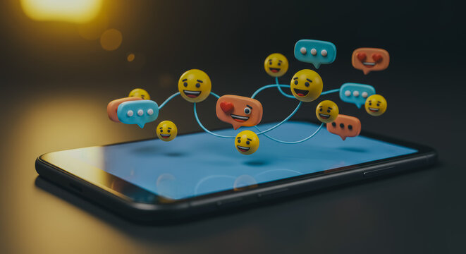 A digital rendering of a modern smartphone features interactive social media network with emoticons and speech bubble design. Capturing the essence of online interaction and communication.
