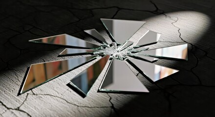 Broken Glass Shards on Cracked Floor in Dark Room Highlighted by a Single Spot of Light