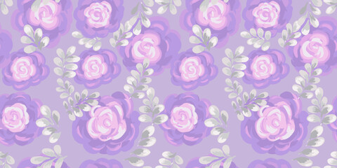 Seamless floral vector pattern featuring hand painted roses with leaves on a pastel purple, violet background. Ornament for textiles, wallpapers, packaging, stationery, spring or summer designs