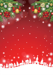 クリスマス背景、町並みシルエット、赤、かわいい、イラスト、縦