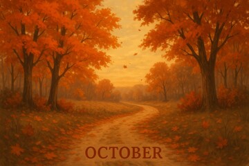 Vertical October Illustration – Autumn Mountain Path with Golden and Orange Trees, Fall Art