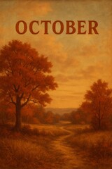 Horizontal October Illustration – Autumn Mountain Path with Golden Trees and Warm Fall Colors