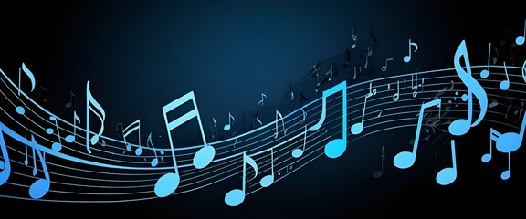 Musical notes cascade across a dark blue background in a dynamic, rhythmic composition.