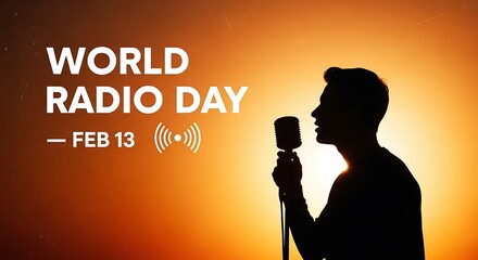 World Radio Day image with a silhouette of a person holding a microphone.