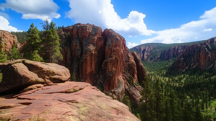 A stunning canyon view displays red rock walls and deep green valleys, under broad skies filled with swirling white clouds.