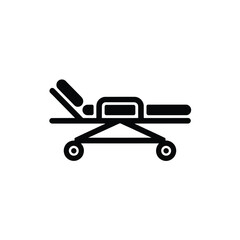 Simple black and white line art icon of a hospital stretcher on wheels