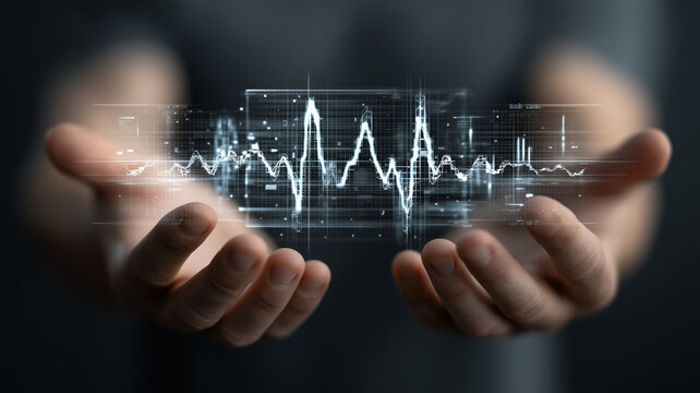 Hands holding holographic grid with glowing energy waveform, futuristic technology concept, digital innovation, abstract science, modern interface, creative visualization
