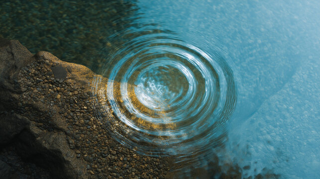 Overhead view of water ripples forming concentric circles near rocky shore, clear blue water, tranquil and peaceful natural scene, sunlight reflection creates calm mood - Powered by Adobe