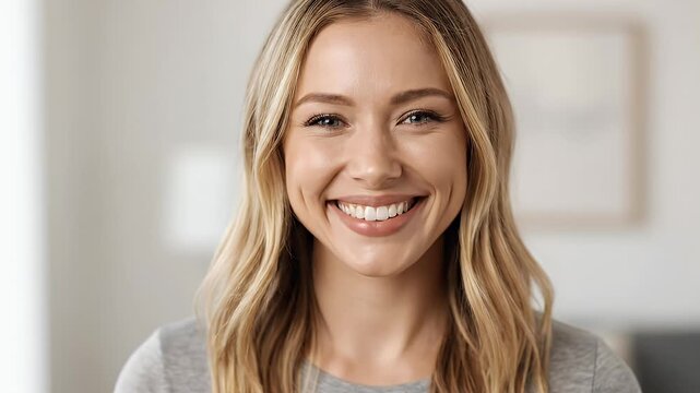 Portrait of a Smiling Blond Woman with Dimples, Indoor Setting