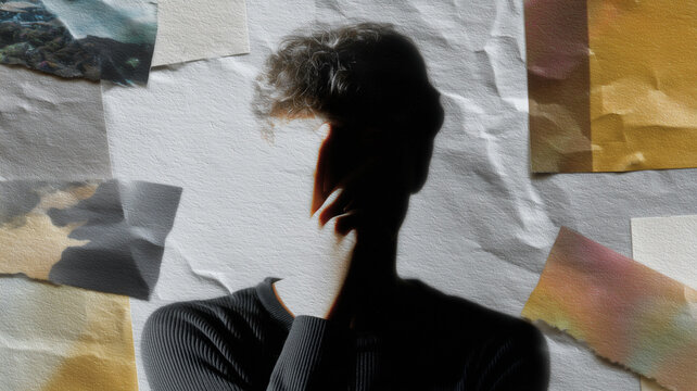Person silhouette with hand on face, textured paper collage background, moody lighting, abstract art style, emotional isolation, creative mixed media, muted color palette
