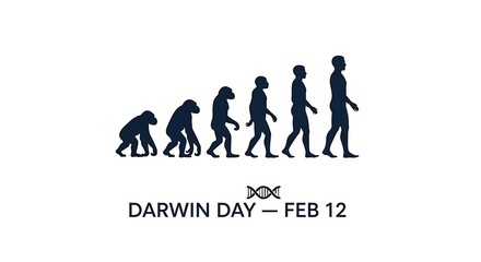 Iconic March of Progress illustration depicting human evolution from ape to modern man, celebrating Darwin Day on February 12.