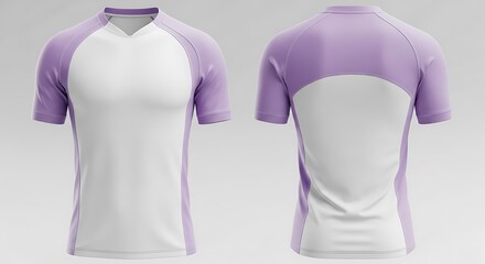 A front and back view of a white and lavender short-sleeved athletic t-shirt with raglan sleeves.