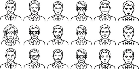 Black and white vector illustration of business avatars featuring diverse male and female faces in formal attire. Ideal for corporate team graphics, HR profiles, and professional presentation template