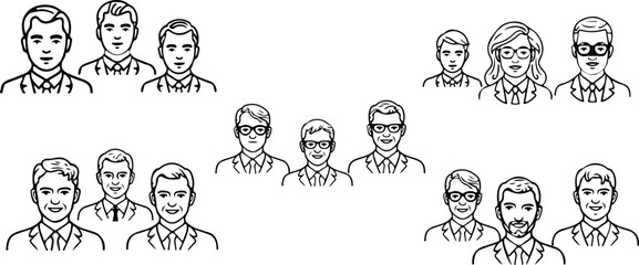 Black and white vector illustration of multiple business people avatars, featuring diverse male and female faces in formal attire. Perfect for corporate profiles, HR presentations, or professional. 