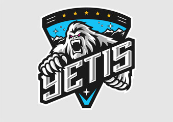 White yeti mascot logo. Strong snow monster e-sports design for gaming team or winter brand