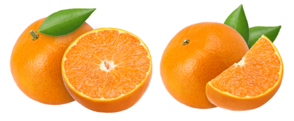 Orange fruit with leaves and slice isolated, Orange fruit macro studio photo, transparent PNG, PNG format, Collection, set