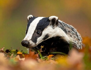 Close-up of a badger with distinctive markings in autumnal foliage