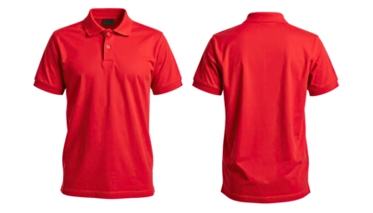 Red polo shirt, front and back view, isolated against a dark background