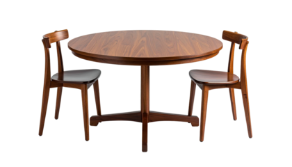 Round wooden dining table with two chairs on a black backdrop