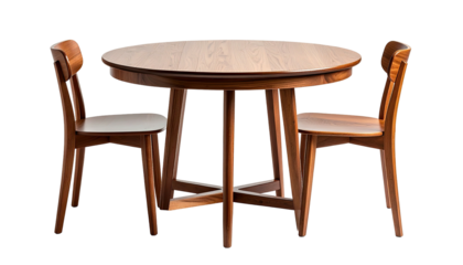 Circular wood table with two chairs against a black background
