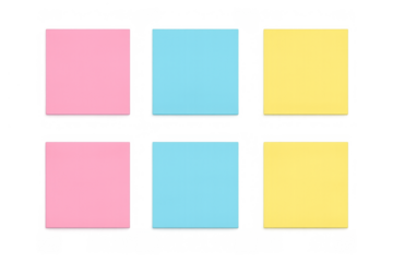 Colorful sticky notes template for memo, reminder, message. Blank square pastel notepaper with transparent background