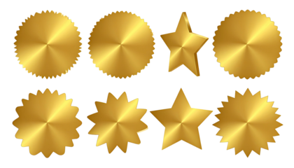 Gold stars and medallions, shiny textures on a black background