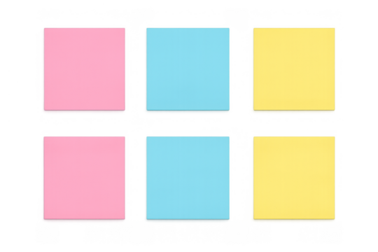 Colorful sticky notes template for memo, reminder, message. Blank square pastel notepaper with transparent background