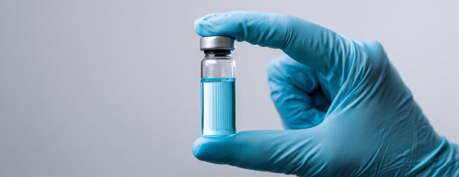 Doctor in blue glove holding a vaccine vial against a neutral background, close-up photo