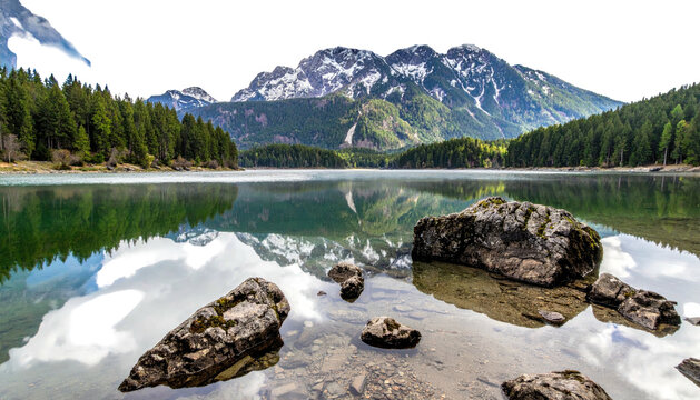 Serene mountain lake scene with forest and snow-capped peaks