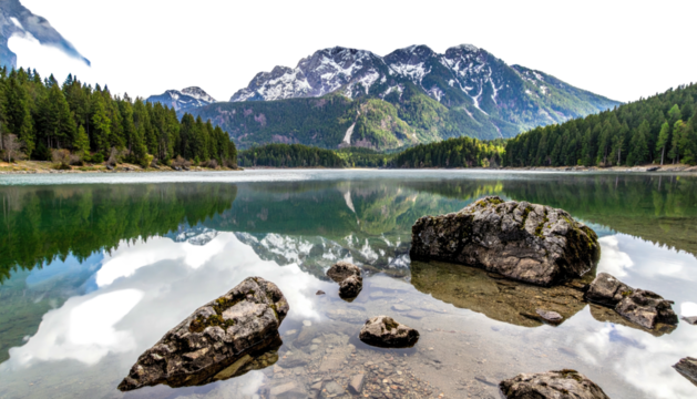Serene mountain lake scene with forest and snow-capped peaks