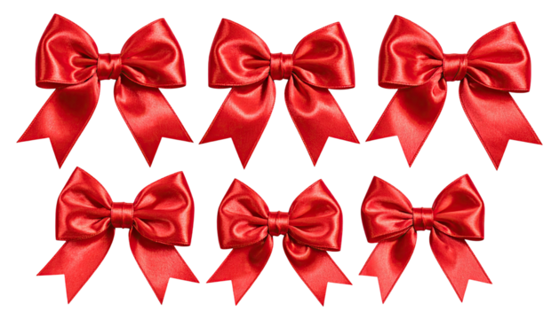 Seven shiny, silky, red bows arranged on a black background
