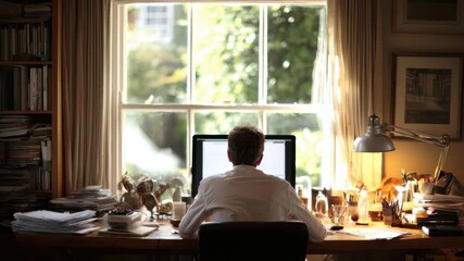 Businessman working diligently in a cozy home office surrounded by books while focused on computer screen in the afternoon light filtering through the window - Powered by Adobe
