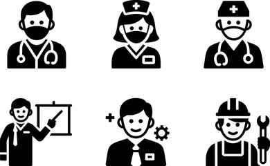 Set of six black and white icons representing diverse professions and healthcare workers vector