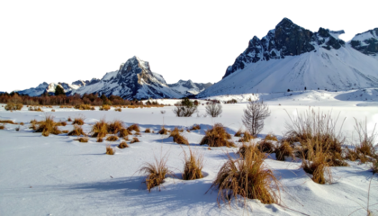 Snow-covered field before distant, jagged, mountains