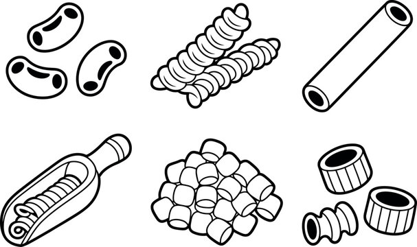 Diverse collection of pasta shapes and beans line art food icons for culinary design vector