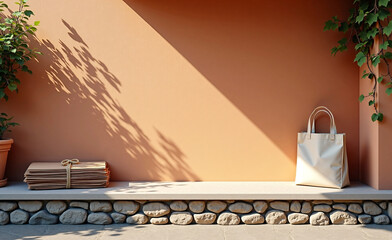 Beige tote bag and stack of papers on stone bench against terracotta wall with plant shadows in warm sunlight.