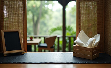 Cozy outdoor café scene with small chalkboard, folded napkins in wooden box, and blurred garden background in soft daylight.