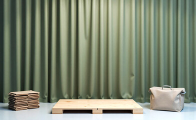 Minimal composition with folded papers, wooden platform, and beige bag against soft green curtain background in studio light.