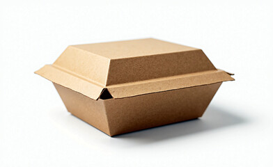 Closed brown cardboard food container isolated on white background, minimal eco-friendly packaging for takeaway meals.