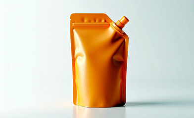 Orange plastic pouch with spout standing on white background, minimalist product packaging for liquid or gel contents.