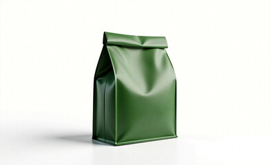 Green matte packaging bag standing on white background, minimalist product mockup for coffee, tea or food branding design.