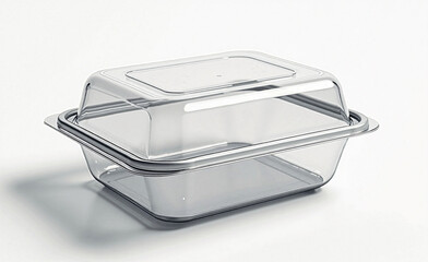 Transparent plastic food container with lid isolated on white background, reusable storage box for meal prep or packaging.